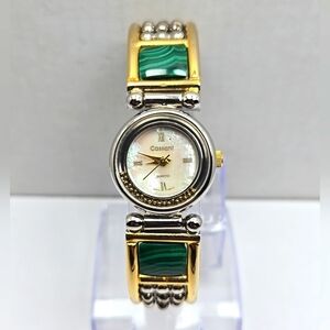 Vintage Cassant Quartz Watch Green Malachite Style Accents New Battery Two Tone